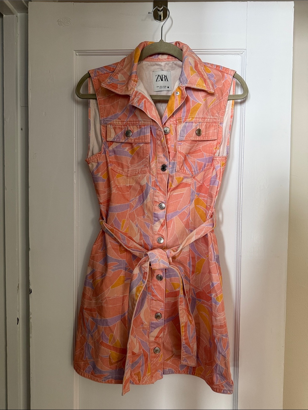 Zara Coral-Pink Sleeveless Printed Tie-Waist Denim Dress